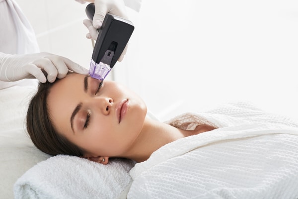 morpheus8 Brown haired woman receiving radiofrequency lifting procedure around eyes